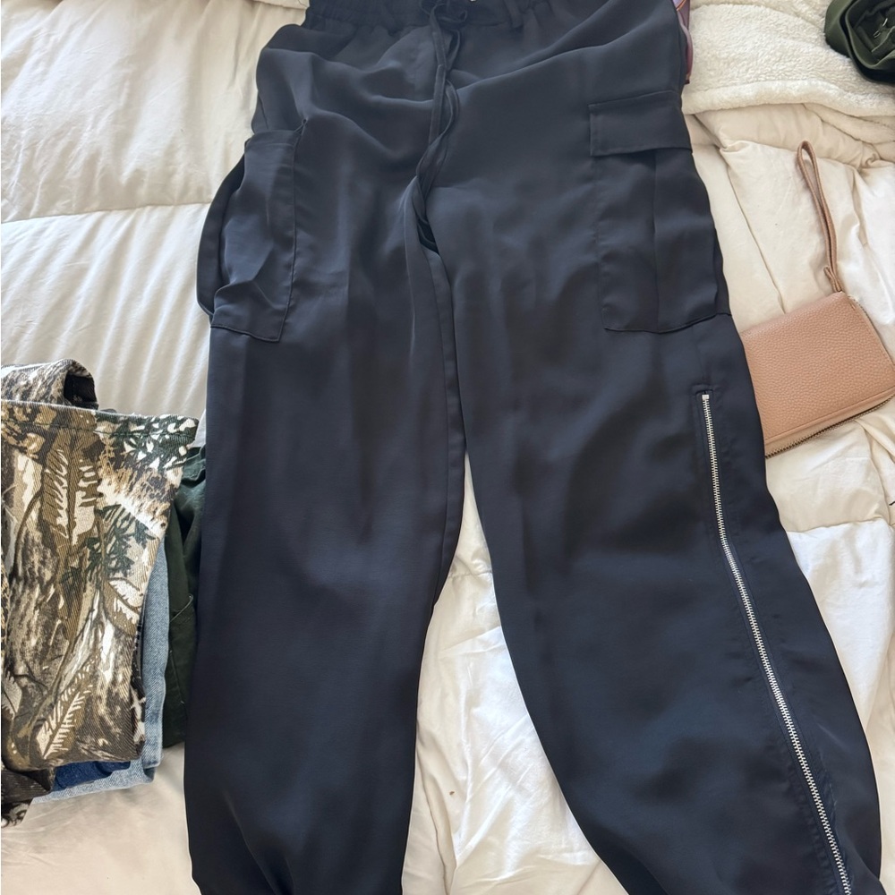 Black Satin Jogger Pants with Zipper Detail